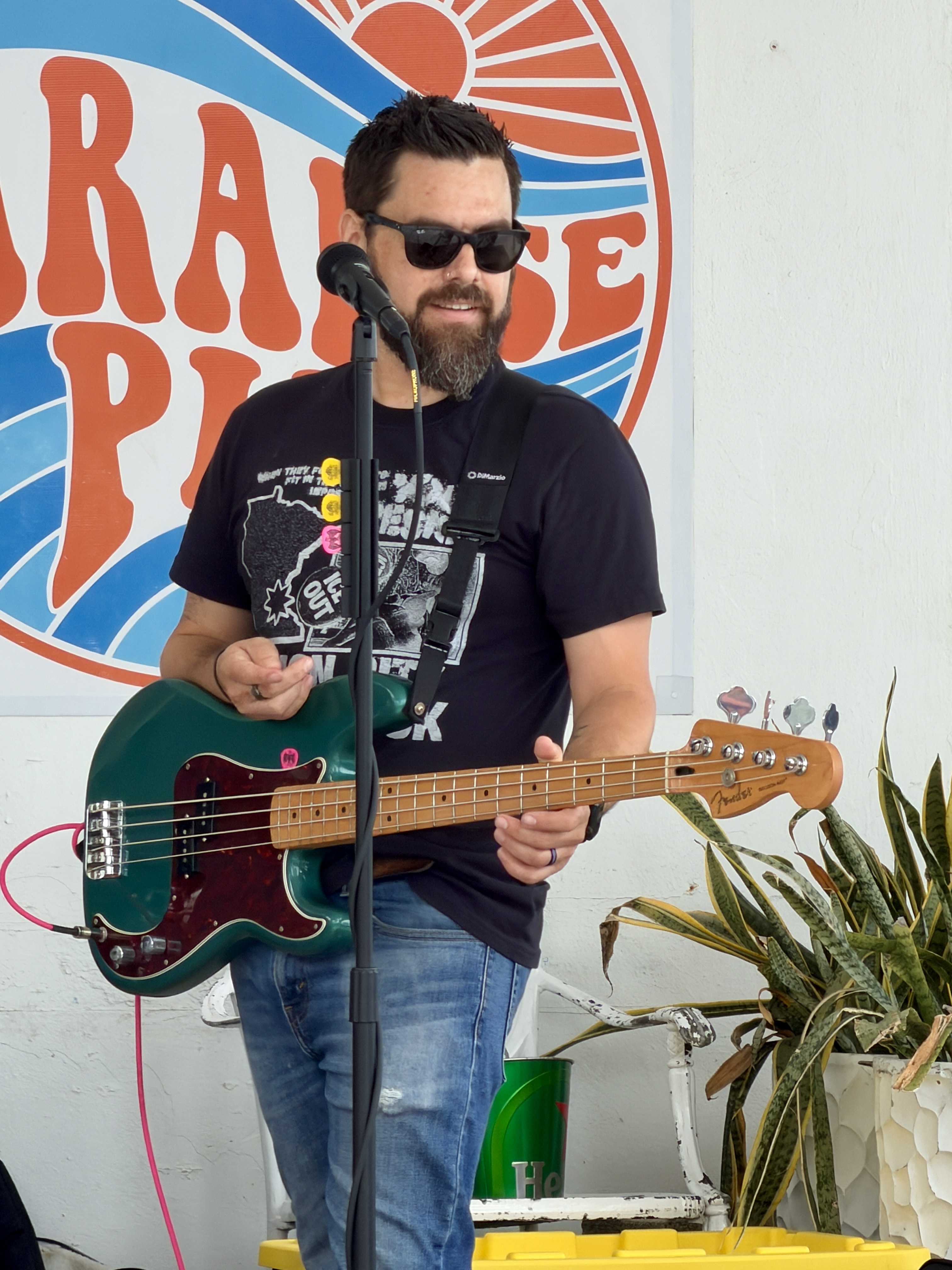 Heat Seekers bassist Bryan with Fender bass at Sapphire Beach Bar live music St Thomas